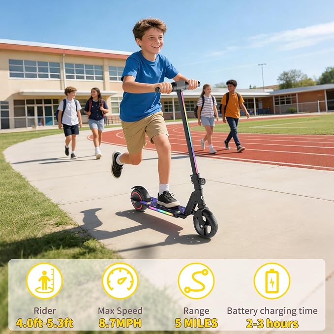 SIMATE Electric Scooter for Kids 6-14, e Kick Scooter with LED Display and Colorful Lights, Adjustable Height and Foldable, Double Brake, Gifts for Kids Girls Boys