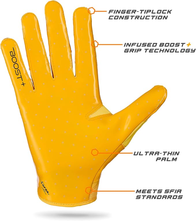 Grip Boost Football Gloves - Solid Stealth 6.0 Boost Plus Sticky Technology - Adult and Youth Football Gloves for Wide Receiver - Men's and Boys Sizes