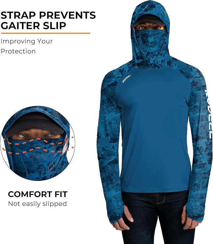 Rodeel Men's UPF 50+ Performance Fishing Hoodie, Long Sleeve Sun Protection Athletic Quick-Dry Breathable T-Shirt