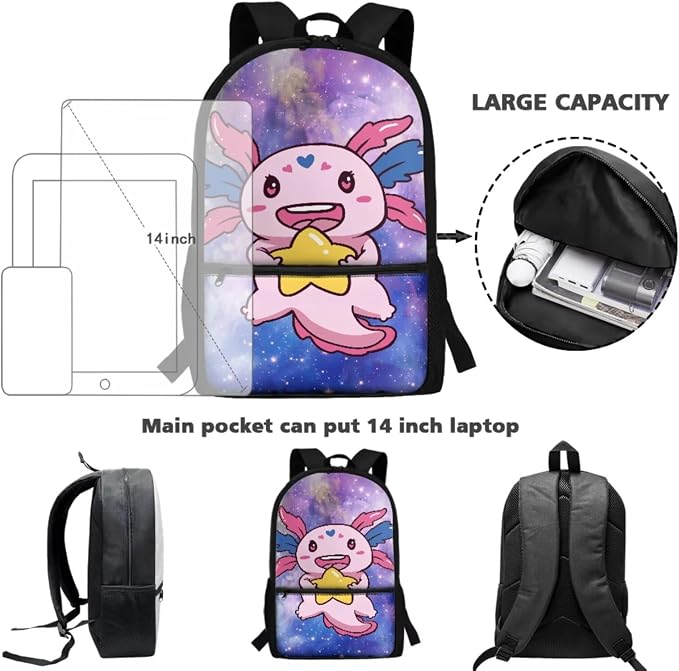 Axolotl Backpack for Kids School Bag with Lunch Bag Boys Girls Bookbag with Lunch Box Pencil Case Water Bottle Holder 4 PCS Back to School Supplies, Cute Axolotl with Stars Print