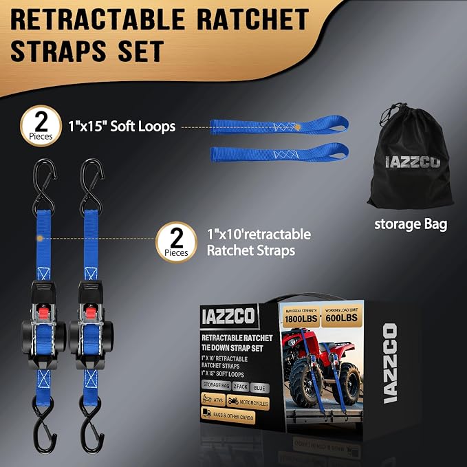 10FT Retractable Ratchet Straps(2-Pack) - 1 Inch (1800 LB Break Strength) Heavy Duty Self Retracting Ratchet Straps with Soft Loops & Storage Bag for Household, Motorcycle, Truck, ATV(Blue)