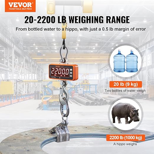 VEVOR Crane Scale, Hanging Scale Industrial Heavy Duty, Digital Crane Scale with Remote Control, Cast Aluminum Case & LED Screen, 2200 lbs/1000 kg,High Precision for Construction, Factory, Farm