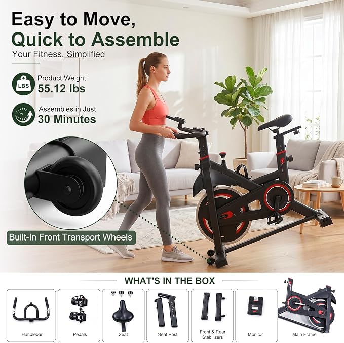 Exercise Bike with APP, Stationary Bike for Home, Workout Bike for Adults & Seniors, Indoor Cycling Bike with Adjustable Resistance, Low Noise, Easy Assembly, 265LB Weight Capacity