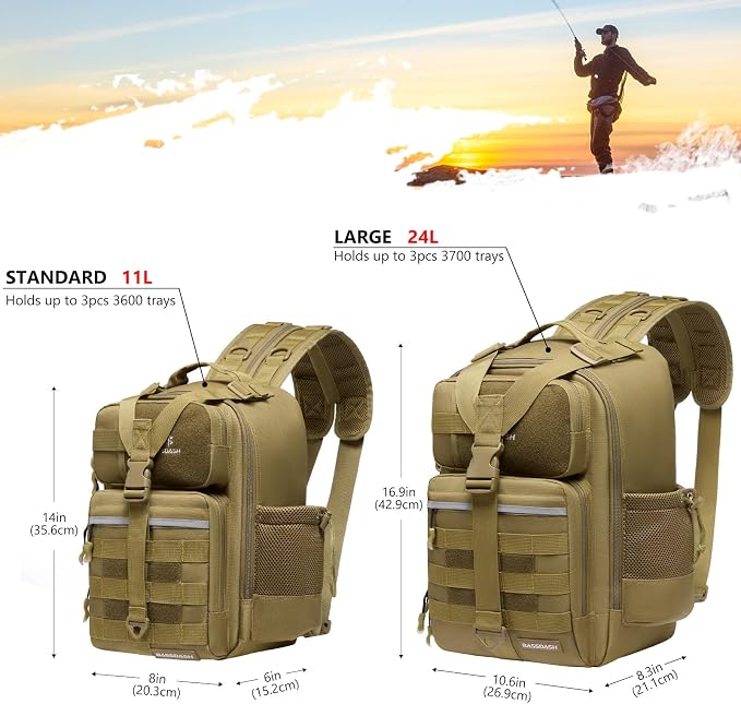 BASSDASH Convertible Fishing Backpack Sling Bag with Rod Holder, Adjustable Tactical Water-Resistant Tackle Storage Pack FP07