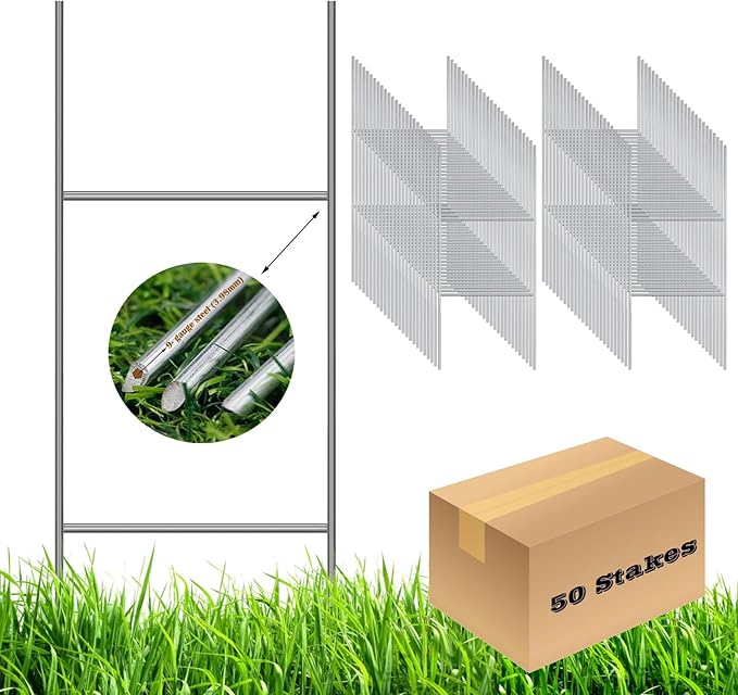 50 Pack H Frame Wire Stakes 30 x10 inch 9 Gauge Galvanized Wire -Yard Sign Stakes Fit for 4mm, 5mm Corrugated Signs, Heavy Duty Metal Step Stakes