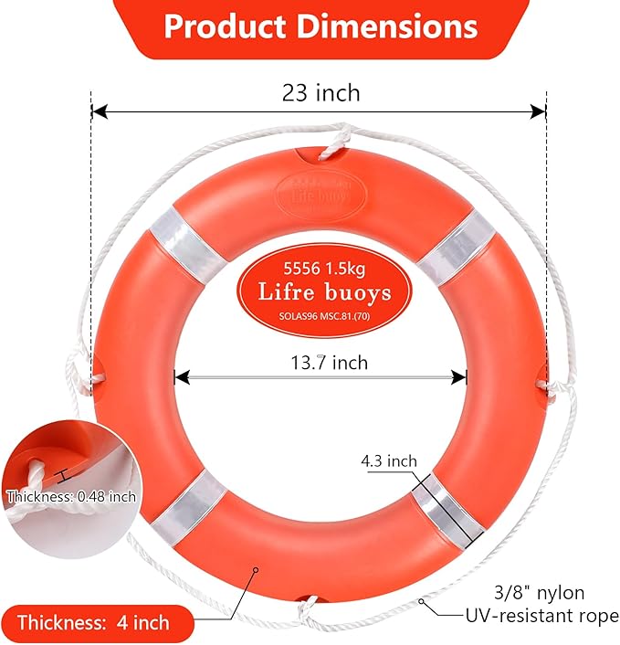 Life Preserver Ring 23"/28", Boat Safety Throw Rings with Bracket, Orange Buoy with Rope 98.5 FT and Reflective Tape for Boat