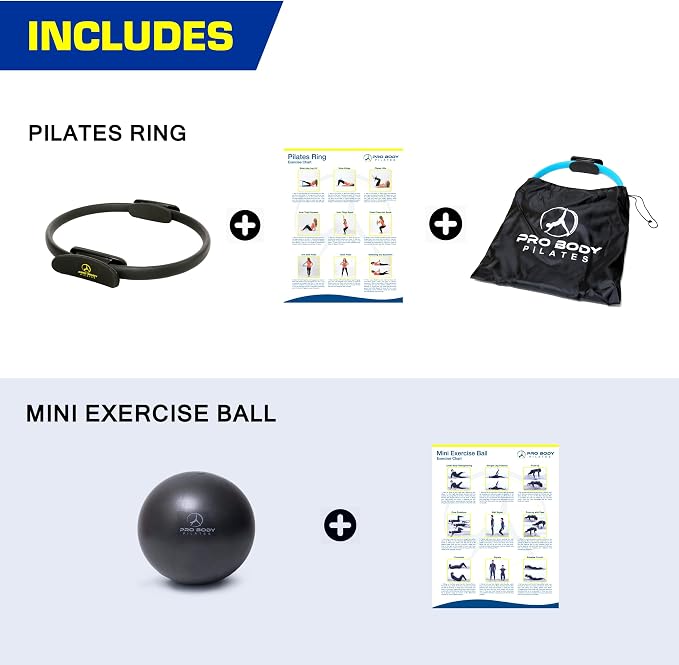 ProBody Pilates Ring and Mini Exercise Ball (2 pcs) - Black Magic Circle and Barre Ball Bundle for Stability, Barre, Yoga, Core Training and Physical Therapy
