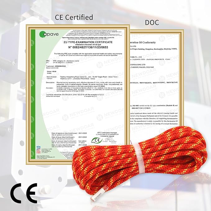 NewDoar CE & UIAA Certificated 5/16(8mm) Static Climbing Rope 14KN High Strength Accessory Cords 33FT/66FT/98FT/165FT Safety Rope for Rock Climbing, Outdoor Survival, Hiking, Mountaineering