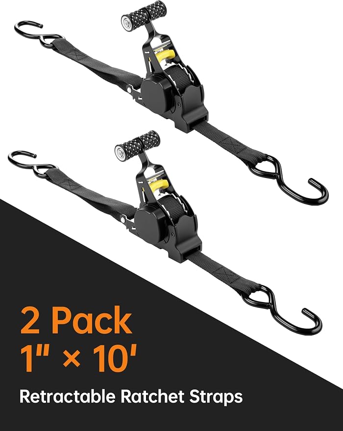 Tomorotec Retractable Ratchet Straps, 1-Inch x 10-Foot Heavy-Duty Tie Downs for Truck, Quick-Release and Telescopic Design, 500 lbs Working Load, 1200 lbs Break Strength, 2-Pack Cargo Straps
