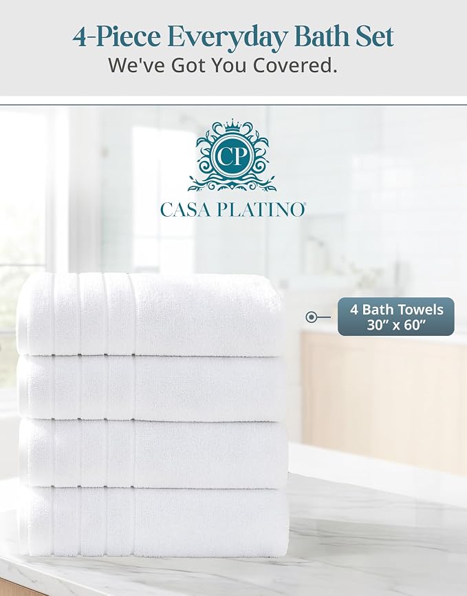 Casa Platino 100% Cotton 4 Pack Bath Towels (30"x60") - Ring Spun Cotton - Large Towels for Bathroom - Quick Drying, Highly Soft & Absorbent Shower Towel Set - Hotel & Spa Quality - White Towel Set