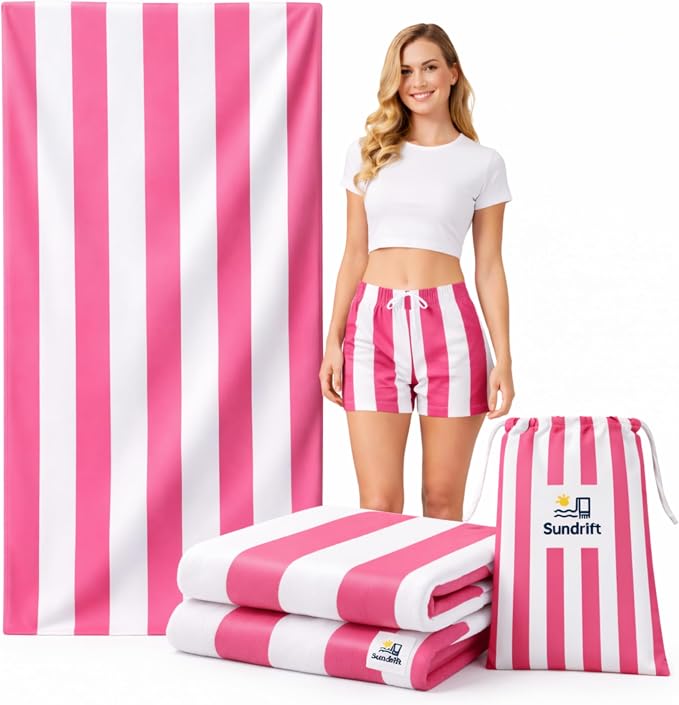 Oversized Microfiber Beach Towel 71x36 Inch, Quick Dry Sand Free Travel Towel, Lightweight Sueded Beach Blanket for Pool, Camping, Yoga & Beach Trips (Pink/White)