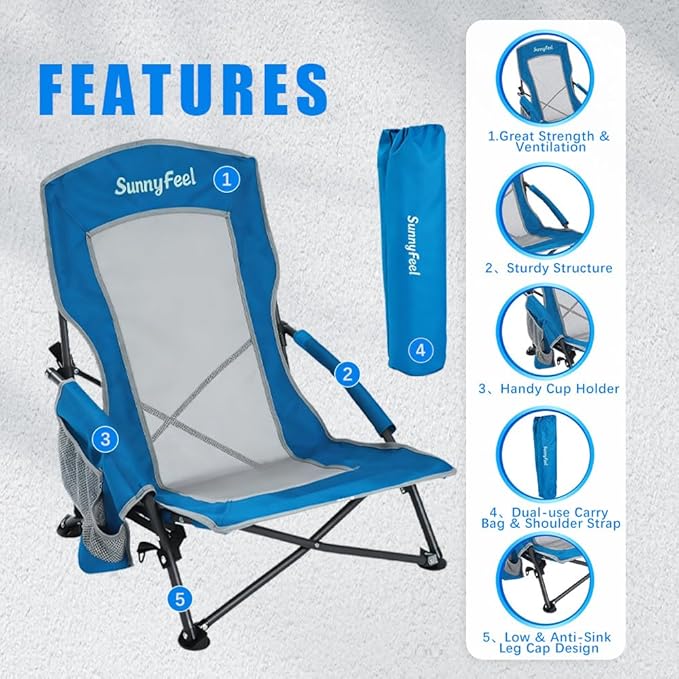 SUNNYFEEL Folding Low Beach Chair 2 Pack - Lightweight Portable Lawn Chair with Mesh Back & Cup Holder, Sand Chair Load up to 300lbs for Outdoor/Travel/Picnic/Concert