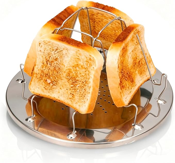Camping Toaster for Gas Stove, Camp Stove Toaster Folding Portable 4 Slice Stainless Steel Stovetop Bread Toast Rack for Outdoor Cooking Camping Hiking Backpacking BBQ Picnics