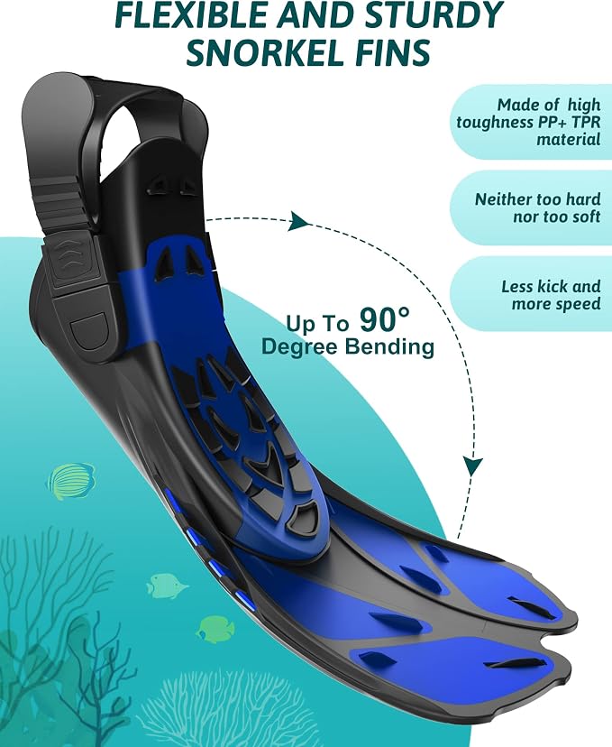 Viginsul Mask Fins Snorkeling Gear for Adults, Full Face Snorkel Mask & Adjustable Swim Fins Snorkel Set, Panoramic View Snorkel Mask Dry Top Anti-Fog Anti-Leak