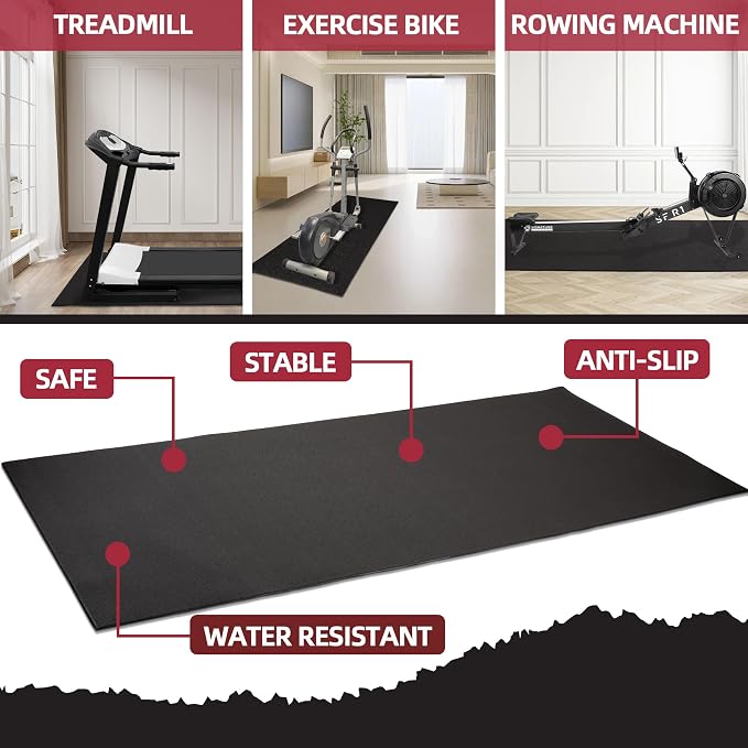 Fitvids High Density 1/4-Inch Thick Gym Equipment Mat, Non-Slip Floor Protection for Heavy Exercise, Treadmill and Bike Mat in Multiple Sizes