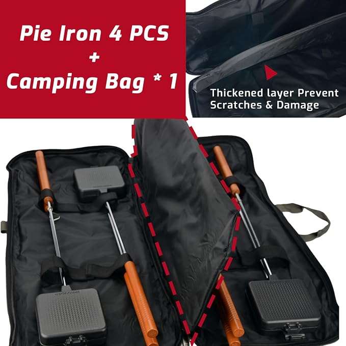 Campfire Pie Iron 4.9" Large Cast Iron Sandwich Maker for Camping 4 Pcs with Storage Bag - 22.6 inch Thickened Handles - Campfire Cooking Equipment for Grilling & Outdoor Cooking