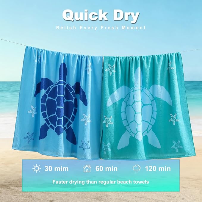 Jessy Home Microfiber 4 Pack Beach Towel Set, 40x70in Oversized Beach Towel, Quick-Dry Sand-Free Highly Absorbent Swim Towel, Soft Pool Towel, Marine Mixed Prints of Starfish & Sea Turtle for Vacation