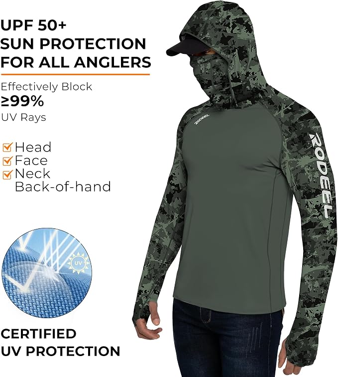 Rodeel Men's UPF 50+ Performance Fishing Hoodie, Long Sleeve Sun Protection Athletic Quick-Dry Breathable T-Shirt