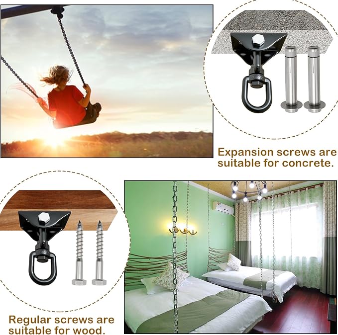 1200 Lb 360° Rotating Heavy Duty Swing Hanger Hardware Kit | Supports porch swing, hammock, swing chair, punching bag, yoga & playground swing indoor & outdoor installation