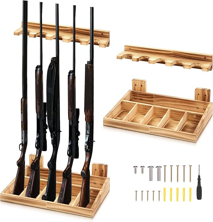 GlikCeil 1 Set Wooden Vertical Gun Rack Wall Mount Indoor Hold up to 5 Long Guns Shotguns Rifle Racks Display Holder Stand for Firearms Display Storage Home Accessories Office
