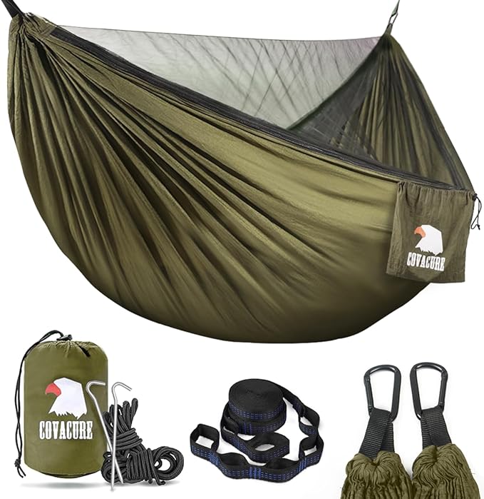 COVACURE Camping Hammock - 772lbs Capacity Portable Hammock with Tree Straps, Durable Parachute Nylon Travel Hammock, Outdoor Camping Gear for Hiking, Backpacking, Travel or Backyard (Army Green)
