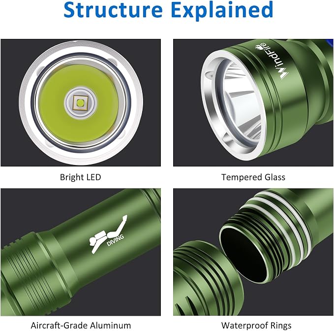WINDFIRE Dive Light Scuba Diving Flashlight, IPX8 Waterproof 210 Feet Underwater Flashlight with Power Indicator & 4 Modes, Aluminum Submersible Torch for Deep Sea Diving and Snorkeling
