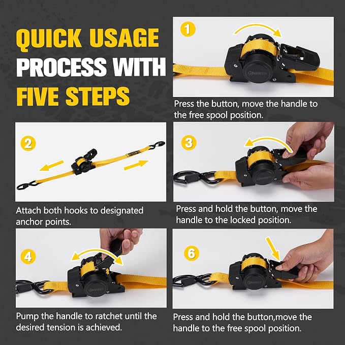 BUNKER INDUST Retractable Ratchet Straps 1" x 12', Heavy Duty Auto Self Retracting Tie Down Straps 1530 lbs Break Strength Cargo Straps for Trailer, Truck, ATV, UTV, Motorcycle (2 Pack)