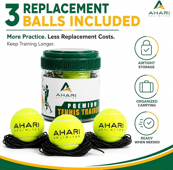 Premium Tennis Trainer Set, Pro Rebounder with Metal Base in a Carrying Cylinder, 3 Replacement Rebound Balls, & Wristband, Portable Tennis Practice Equipment for Solo Training