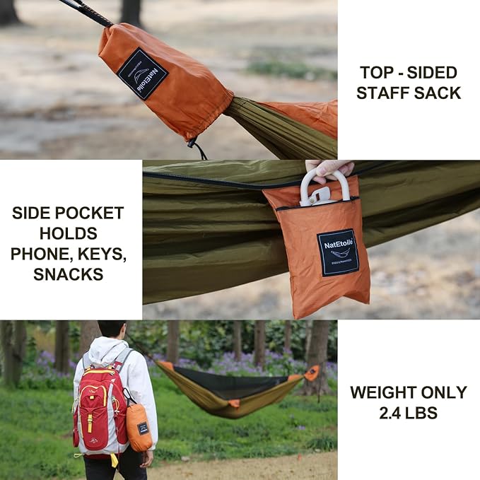 Camping Hammock with Integrated Mosquito Net, Ultralight Backpacking Hammock with Tree Straps & End-Aligned Stuff Sack, 210T Parachute Nylon Single Outdoor Portable Hammock-Olive Green & Orange