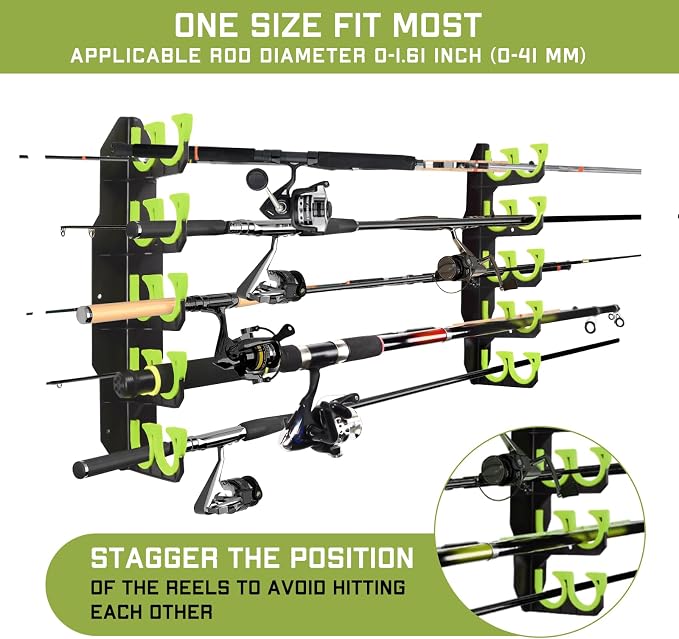 Hikeen Fishing Rod Holders, Fishing Pole Holders for Garage, Wall or Ceiling Mounted Fishing Rod Rack Holds Up to 10 Rods（1 Pack）