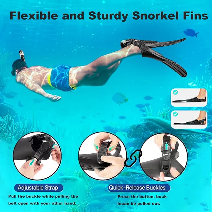 Snorkeling Gear for Adults,Mask Fins Snorkel Set,Panoramic View Diving Mask Anti-Fog,Dry Snorkel,Adjustable Swim Flippers and Travel Bag,Adults Snorkel Gear for Swimming Snorkeling Diving