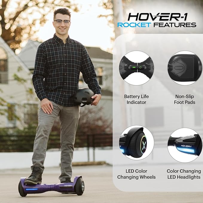 Hover-1 Rocket Electric Self Balancing Scooter with 6.5” LED Light-Up Wheels, Dual 160W Motors, 7 mph Max Speed, and 3 Miles Max Range