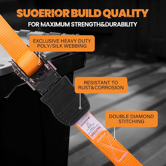 1" x 12' Heavy Duty Ratchet Straps (4-Pack) with 4 Soft Tie Downs & Bag - 1,750lb Break Strength, Safety S Hooks for Truck, Trailer, Motorcycle, Cargo Moving - Orange