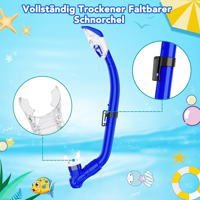 Snorkeling Gear for Kids with Foldable Silicone Full Dry Snorkel, Kids Snorkel Set Anti Leak Youth Junior Snorkeling Package Diving Mask Soft Tube with Mesh Bag Scuba Swimming Goggles