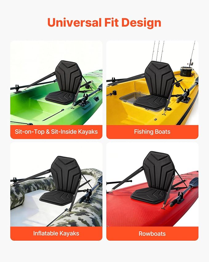 VEVOR Kayak Seat, Universal Paddle Board Seat with Adjustable Back Support, Multiple Thickness Options (0.5” to 2.6”), Soft Padded Cushion & Storage Bag for SUP, Canoe, Fishing Boat, Inflatable Kayak