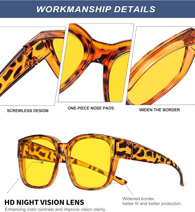 KALIYADI Night-Vision-Glasses Fit-Over-Glasses Wrap-Around Glasses: Anti Glare Night Driving Glasses for men women HD Lens