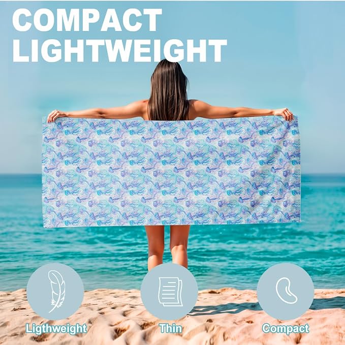 2 Pcs Microfiber Beach Towel Sand Free Quick Dry Oversized Blue Pink Purple Artistic Watercolor Jellyfish Pattern Bath Towels for Adults Swimming Travel Pool 71 x 32 Inches