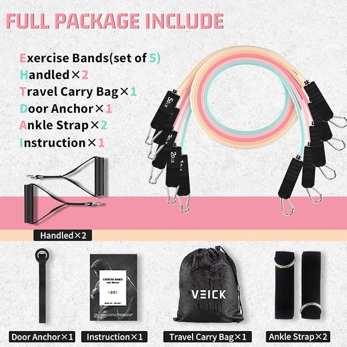 VEICK Resistance Bands Set, 10-150 LBS Stackable Exercise Bands with Handles, Ankle Straps & Door Anchor, Workout Bands for Home Gym, Yoga, Pilates, Physical Therapy for Men Women
