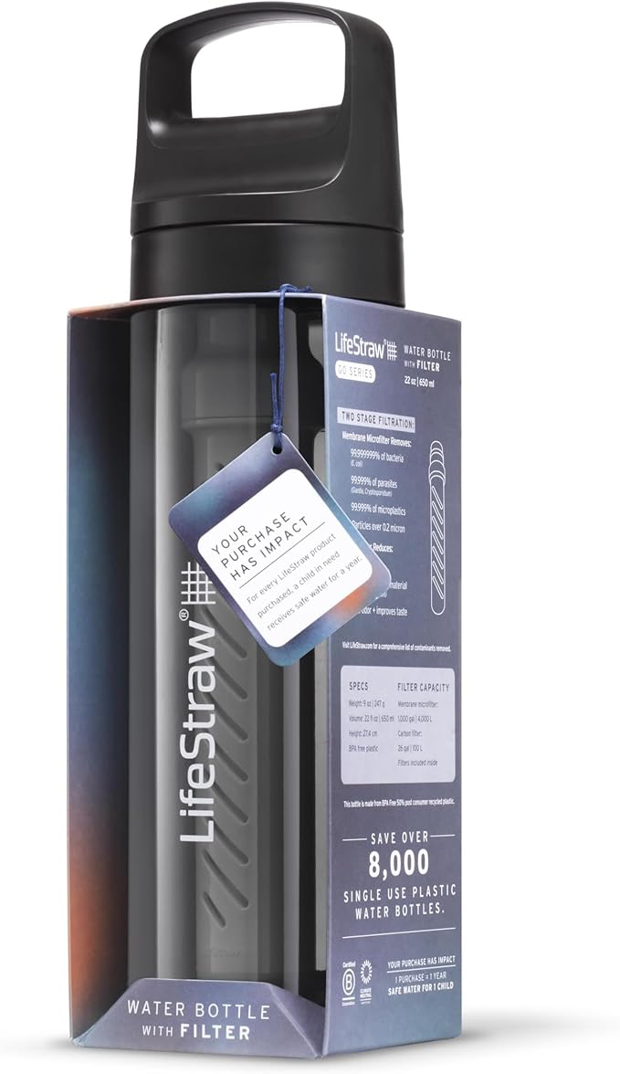 LifeStraw Go Series — BPA-Free Water Filter Bottle for Travel and Everyday Use Removes Bacteria, Parasites and Microplastics, Improves Taste, 22 oz, Nordic Noir