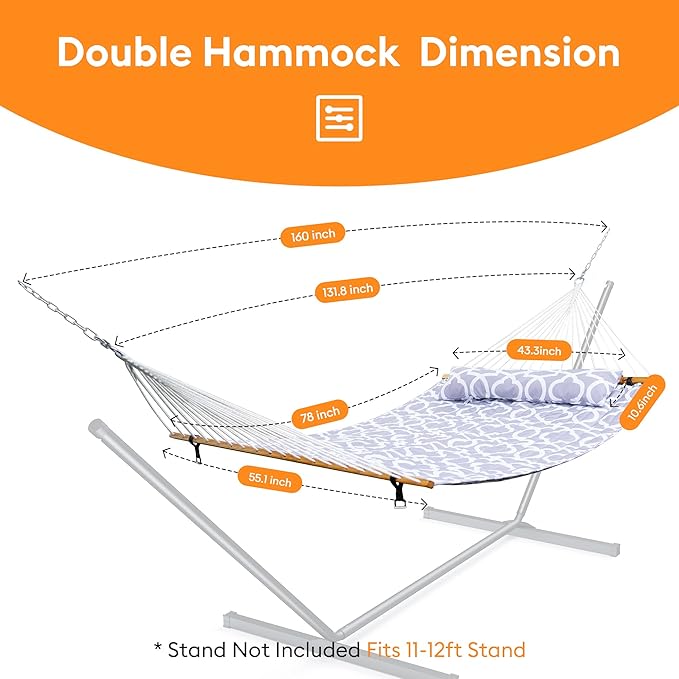 Everyfun Double Hammock with Spreader Bar,Soft Pillow,Max Load 500lbs,Portable Hammock for Outdoor,Camping,and Backyard,Mist Gray