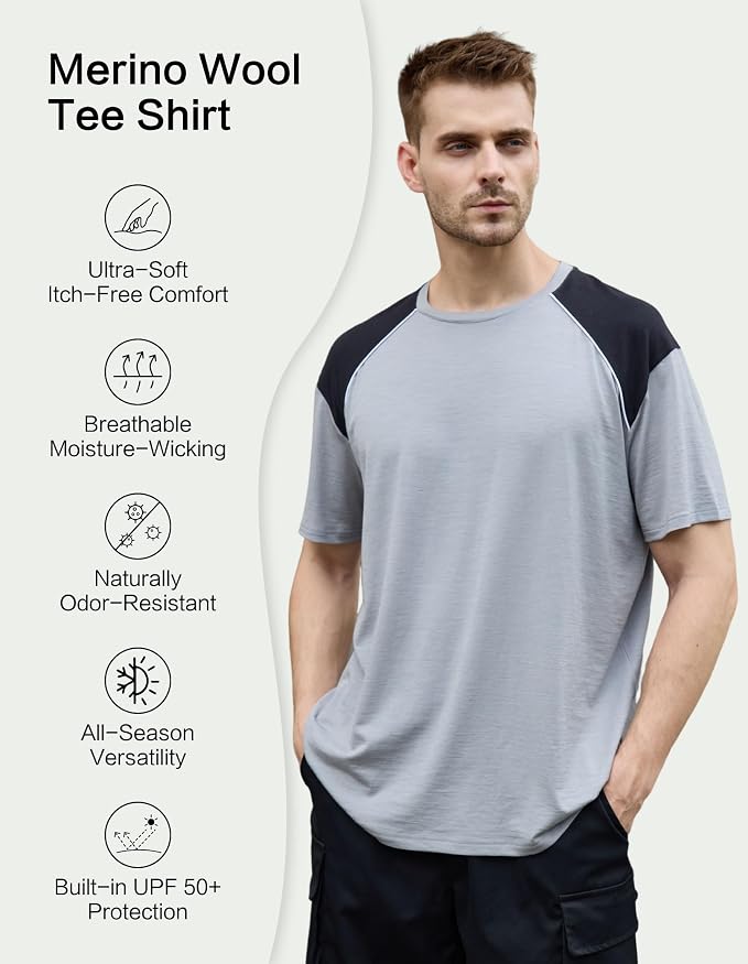 Merino Wool Crewneck T Shirts for Men for Athletic Running Workout, Lightweight Mens Moisture Wicking Shirts