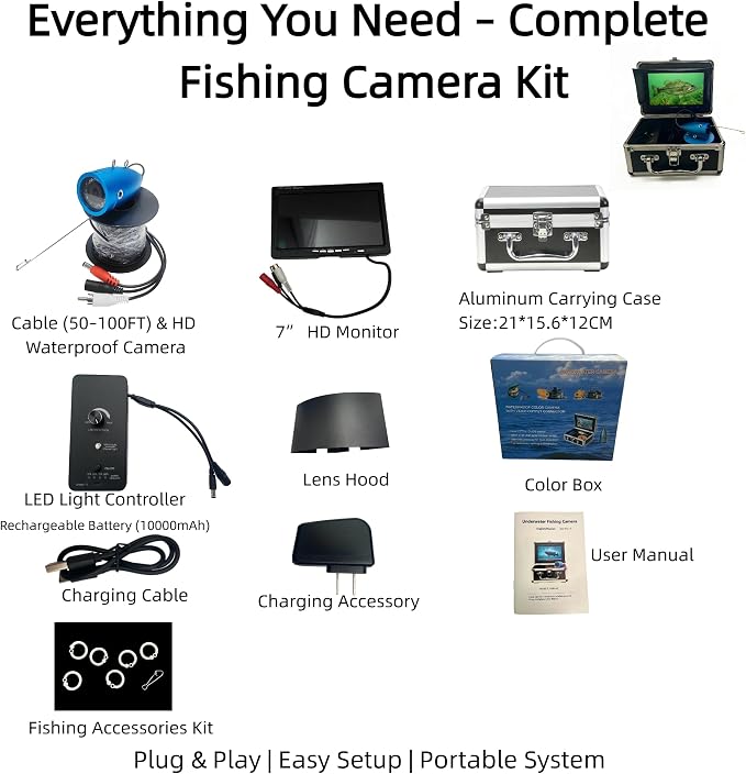 7" Underwater Fishing Camera 1080P HD Fish Finder | 12 IR + 12 White LEDs, 30m Cable, Waterproof Ice Fishing, For Boat, Lake & River