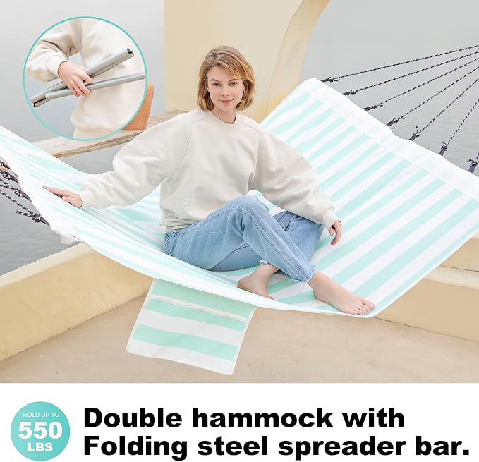 GAFETE 14ft 2 Person Hammock for Outside, Quick Dry Textilene, Portable Hammocks Without Stand with Folding Steel Spreader Bar, Carrying Bag, Tree Straps, Pillow & Sidebag, 550 lbs Capacity (Cyan)