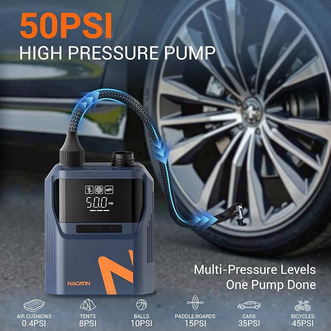 50PSI Electric Paddle Board Pump, 5200mah Dual Stage SUP Pump with 6 Nozzles Auto-Off Inflation/Deflation Air Pump for Inflatable Paddle Boards, Cars,Balls,Bicycles