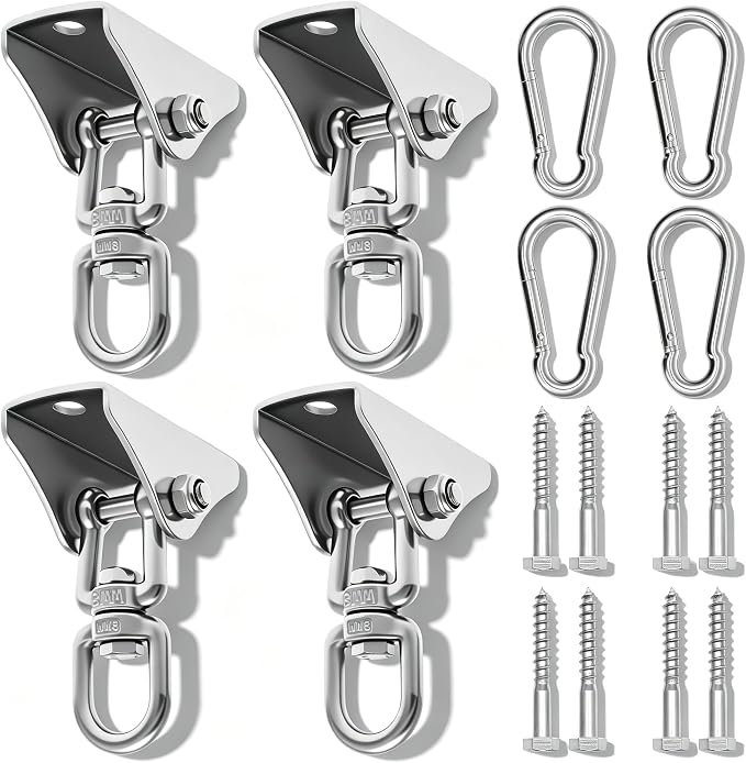 4Pcs Heavy Duty Swing Hangers Kit,304 Stainless Steel,1000 LBS Load Capacity,360° Swivel Hooks with Nylon Washers,Ceiling Mount Hardware for Porch,Hammock Chair,Yoga Swing,Punching Bag & Playground