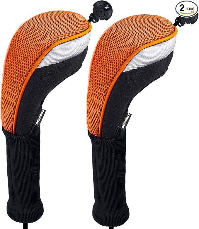 Andux 2pcs Long Neck Golf Hybrid Club Head Covers Dial No. Tag CTMT-02 | Mesh Breathable material | all the Same Size | Coloured Piping | Pull-On Closure