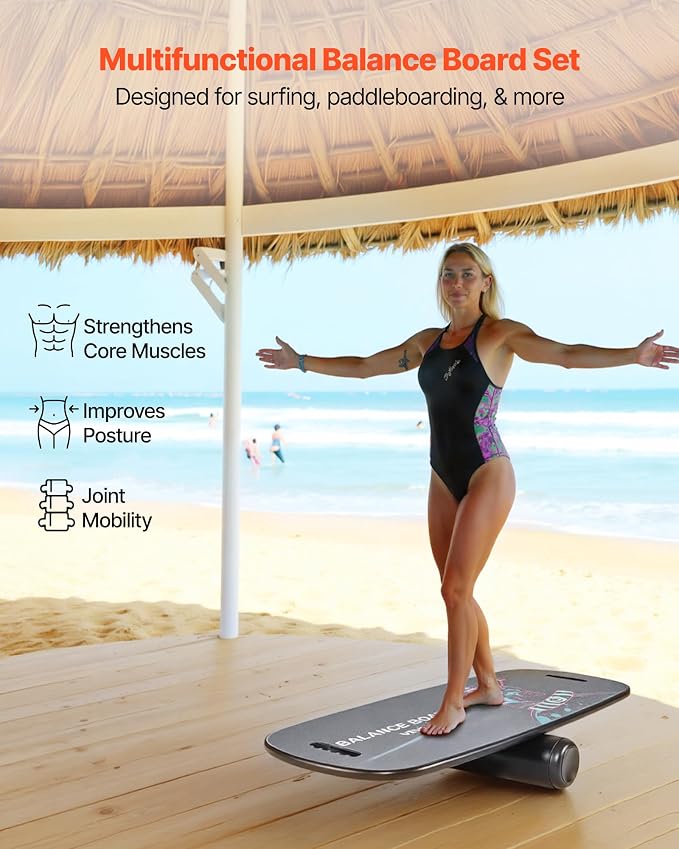 VEVOR Balance Board, 2-in-1 Wobble Board Trainer for Adults, Premium Wooden Balance Training Equipment, with Roller, Magnetic Stoppers, Storage Rack, for Core Workouts, Surf Trainer & Physical Therapy