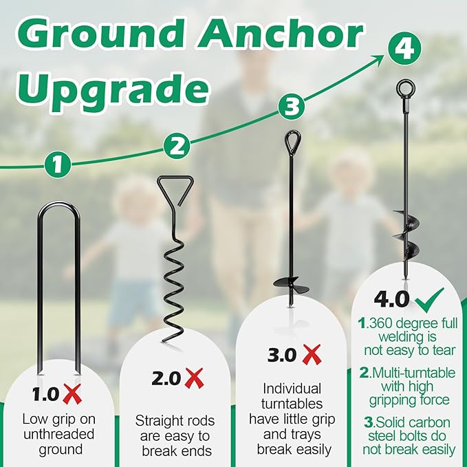 Trampoline Anchors, 4 Pack 18" RV Awning Tie Down Kit with 4 Ratchet Straps, Heavy Duty Screw-in Stakes for Trampolines, RV Awnings & Swing Sets