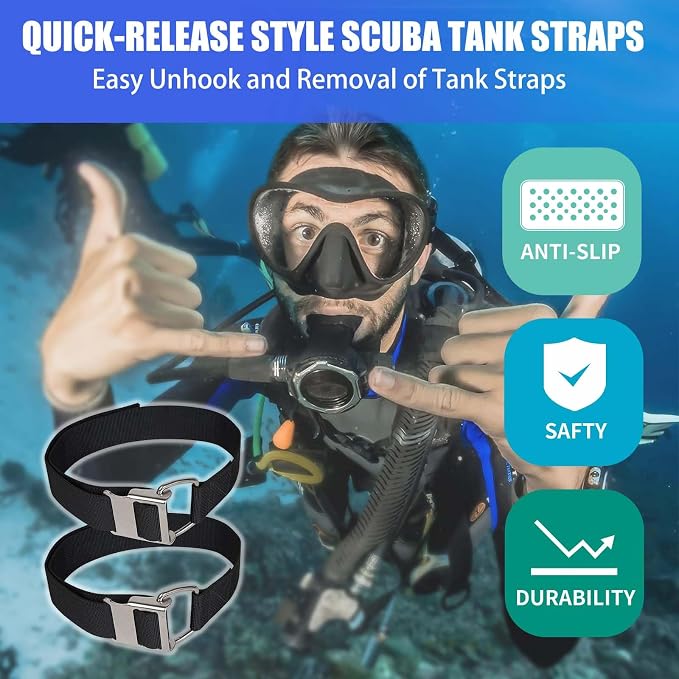 Scuba Diving BCD Tank Band, Adjustable and Sturdy Dive Tank Strap with 304 Stainless Steel Cam Buckles and Non-Slip Pads for Underwater Diving, 2 Pack