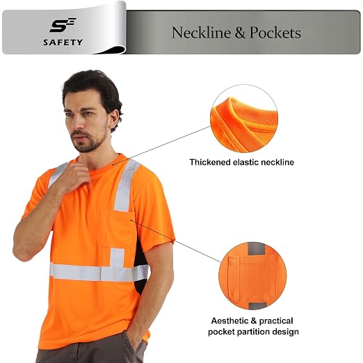 sesafety Safety Reflective Shirts, Class 2 High Visibility Shirts for Men Construction Work Mesh Short Sleeve Orange M